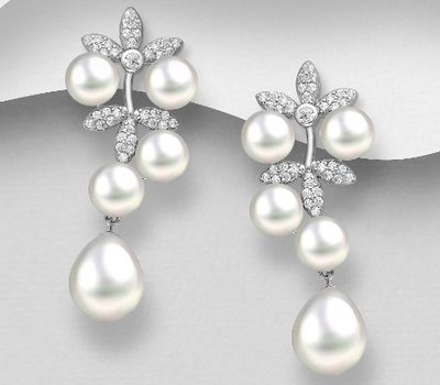 925 Sterling Silver Leaf Push-Back Earrings, Decorated with FreshWater Pearls and CZ Simulated Diamonds