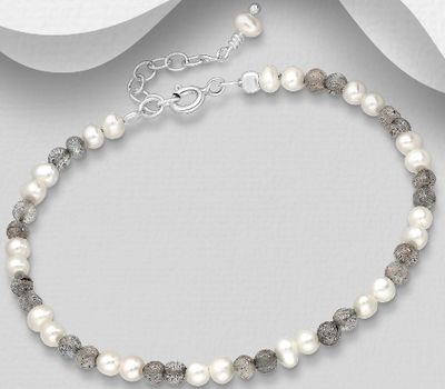 925 Sterling Silver Bracelet, Beaded with Freshwater Pearl and Gemstone Beads