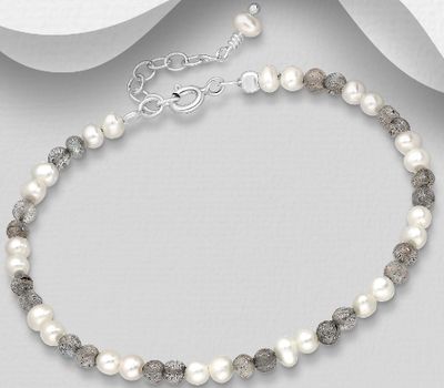 Şəkli böyütmək üçün tiklayın 925 Sterling Silver Bracelet, Beaded with Freshwater Pearl and Gemstone Beads