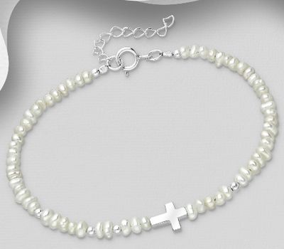 925 Sterling Silver Adjustable Cross Bracelet, Beaded with Freshwater Pearls