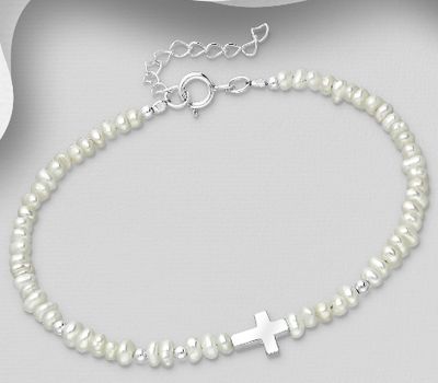 Malın səhifəsinə keç 925 Sterling Silver Adjustable Cross Bracelet, Beaded with Freshwater Pearls