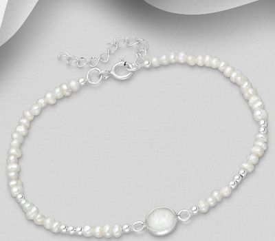 925 Sterling Silver Bracelet, Beaded with Freshwater Pearls and Moonstone