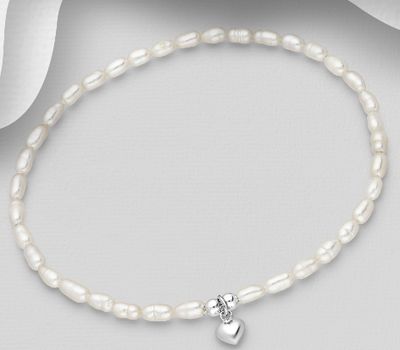 Şəkli böyütmək üçün tiklayın 925 Sterling Silver Ball and Heart Charm, Beaded with Freshwater Pearls