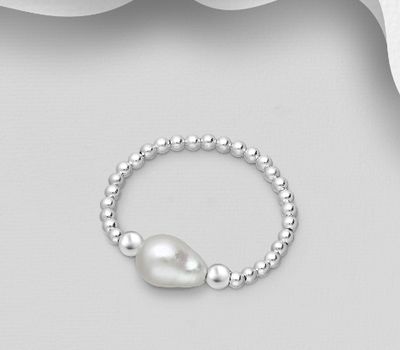 925 Sterling Silver Adjustable Ball Ring, Beaded with Freshwater Pearl, Shape and Size Will Vary.