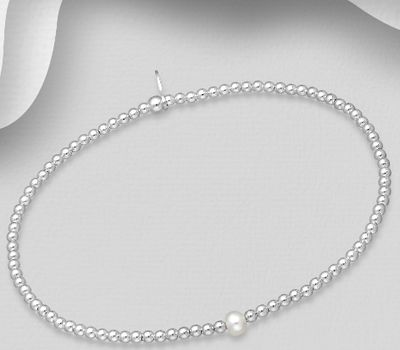 925 Sterling Silver Elastic Bracelet, Beaded with 4 mm Diameter Freshwater Pearls