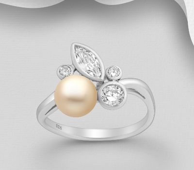 925 Sterling Silver Ring Decorated with Freshwater Pearls and CZ Simulated Diamonds