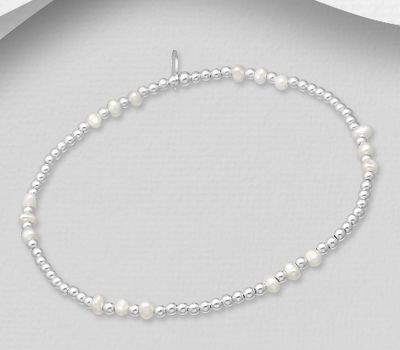 925 Sterling Silver Ball and Freshwater Pearl Beads Elastic Bracelet