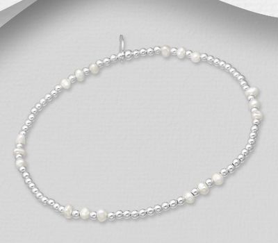 Şəkli böyütmək üçün tiklayın 925 Sterling Silver Ball and Freshwater Pearl Beads Elastic Bracelet