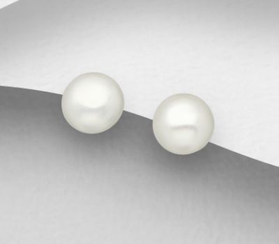 925 Sterling Silver Push-Back Earrings, Decorated with 7-7.5 mm Diameter Freshwater Pearls