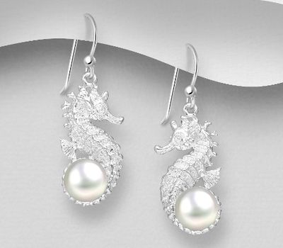 925 Sterling Silver Seahorse Hook Earrings Decorated With Fresh Water Pearls