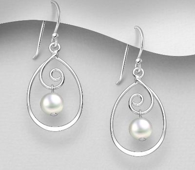 925 Sterling Silver Swirl Hook Earrings, Beaded with Freshwater Pearls