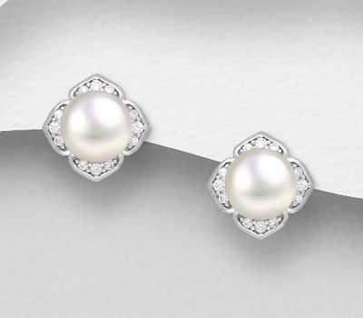 925 Sterling Silver Push-Back Earrings, Decorated with CZ Simulated Diamonds and Freshwater Pearls