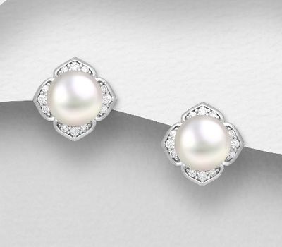 Şəkli böyütmək üçün tiklayın 925 Sterling Silver Push-Back Earrings, Decorated with CZ Simulated Diamonds and Freshwater Pearls