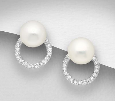 925 Sterling Silver Round Push-Back Earrings, Decorated with Freshwater Pearl and CZ Simulated Diamonds