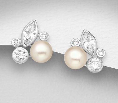 925 Sterling Silver Earrings Decorated with Freshwater Pearls and CZ Simulated Diamonds