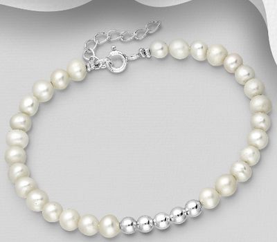 Şəkli böyütmək üçün tiklayın 925 Sterling Silver Ball Bracelet, Beaded with Freshwater Pearls