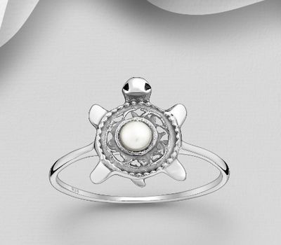 925 Sterling Silver Oxidized Turtle Ring,  Decorated with FreshWater Pearl