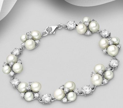 925 Sterling Silver Bracelet, Decorated with Freshwater Pearls and CZ Simulated Diamonds