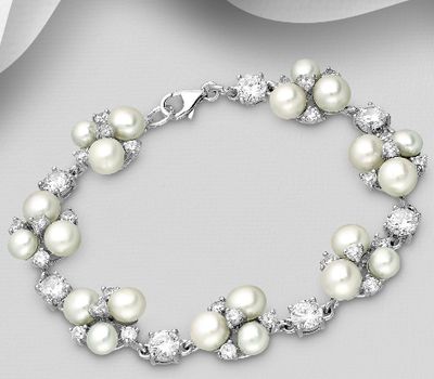 Malın səhifəsinə keç 925 Sterling Silver Bracelet, Decorated with Freshwater Pearls and CZ Simulated Diamonds