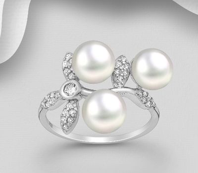925 Sterling Silver Leaf Ring, Decorated with FreshWater Pearls and CZ Simulated Diamonds