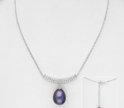 925 Sterling Silver Necklace, Decorated with FreshWater Pearl and CZ Simulated Diamonds