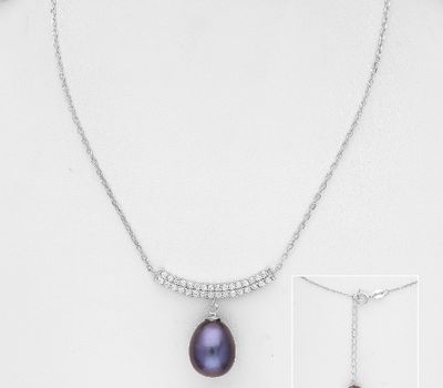 Şəkli böyütmək üçün tiklayın 925 Sterling Silver Necklace, Decorated with FreshWater Pearl and CZ Simulated Diamonds