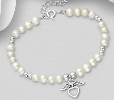 925 Sterling Silver Ball Bracelet, Featuring Heart and Wings Charm, Beaded with Freshwater Pearls