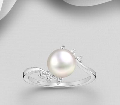 925 Sterling Silver Ring, Decorated with CZ Simulated Diamonds and Freshwater Pearl