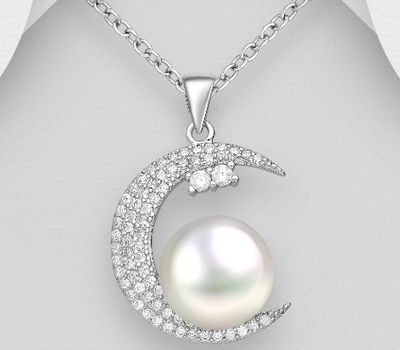925 Sterling Silver Crescent Moon Pendant, Decorated with CZ Simulated Diamonds and Freshwater Pearl