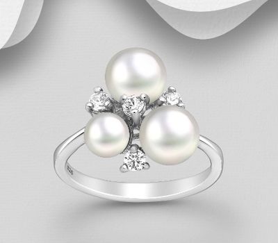 925 Sterling Silver Ring, Decorated with Freshwater Pearls and CZ Simulated Diamonds