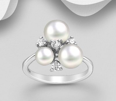 Şəkli böyütmək üçün tiklayın 925 Sterling Silver Ring, Decorated with Freshwater Pearls and CZ Simulated Diamonds
