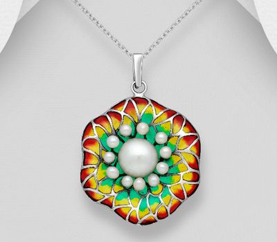 925 Sterling Silver Flower Pendant, Decorated with Colored Enamel and Freshwater Pearls