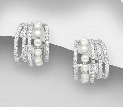 925 Sterling Silver Push-Back Earrings, Decorated with Freshwater Pearls and CZ Simulated Diamonds