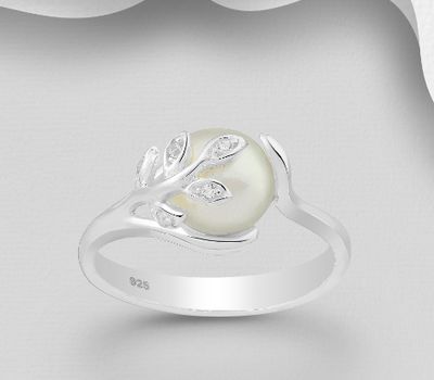 925 Sterling Silver Branch and Leaf Ring, Decorated with Freshwater Pearl and CZ Simulated Diamonds