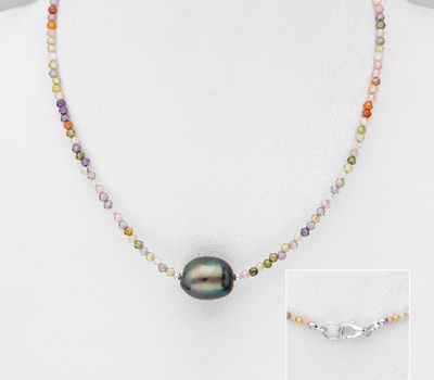 925 Sterling Silver Necklace, Beaded with Crystal Glass and Freshwater Pearl