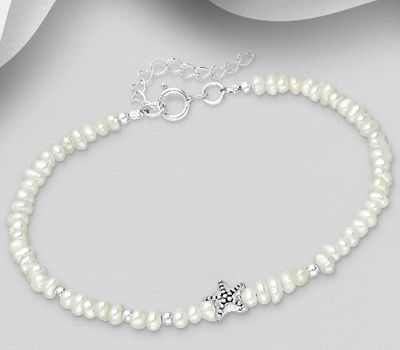 Şəkli böyütmək üçün tiklayın 925 Sterling Silver Adjustable Oxidized Starfish Bracelet, Beaded with Freshwater Pearls