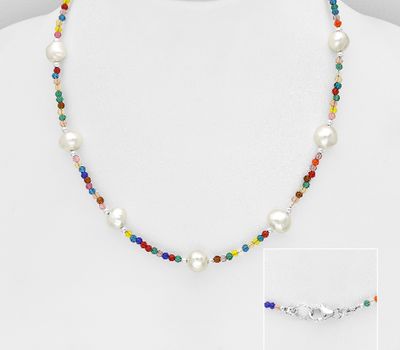 925 Sterling Silver Beaded Necklace, Beaded with Crystal Glass and Freshwater Pearls