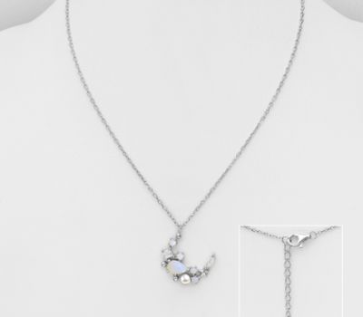 925 Sterling Silver Moon Necklace, Decorated with Simulated Pearl and CZ Simulated Diamonds