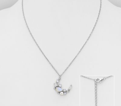 Şəkli böyütmək üçün tiklayın 925 Sterling Silver Moon Necklace, Decorated with Simulated Pearl and CZ Simulated Diamonds