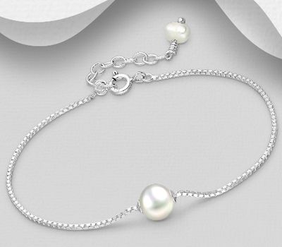 925 Sterling Silver Adjustable Bracelet, Beaded with 6.5 mm Diameter Freshwater Pearl