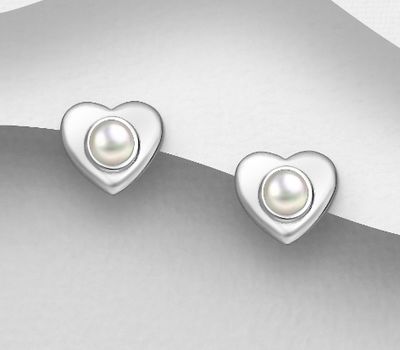 925 Sterling Silver Heart Push-Back Earrings, Decorated with Freshwater Pearls