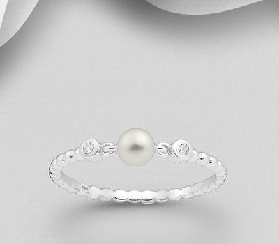 925 Sterling Silver Ring, Decorated with CZ Simulated Diamonds and Freshwater Pearl