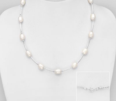 Şəkli böyütmək üçün tiklayın 925 Sterling Silver Bead Necklace, Beaded with Freshwater Pearls