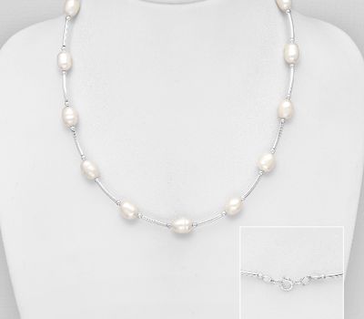 925 Sterling Silver Bead Necklace, Beaded with Freshwater Pearls