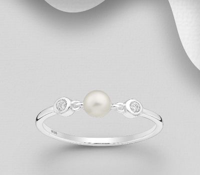 925 Sterling Silver Ring, Decorated with CZ Simulated Diamonds and Freshwater Pearl