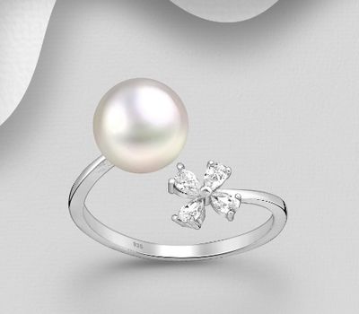 925 Sterling Silver Adjustable Flower Ring, Decorated with CZ Simulated Diamonds and Freshwater Pearl