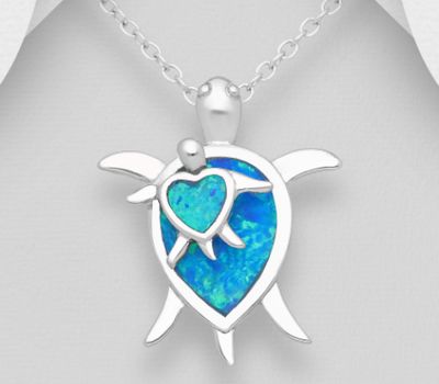 925 Sterling Silver Turtle Pendant Decorated With Lab-Created Opal