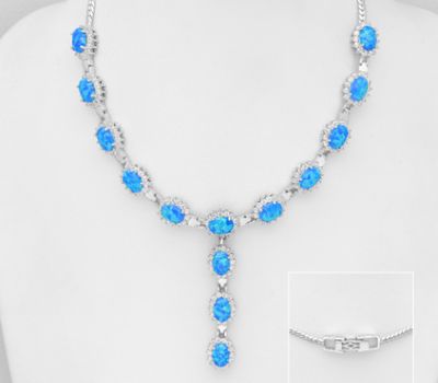 925 Sterling Silver Necklace Decorated With CZ and Lab-Created Opal