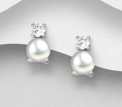 Şəkli böyütmək üçün tiklayın 925 Sterling Silver Omega Lock Earrings, Decorated with CZ Simulated Diamonds and Freshwater Pearls
