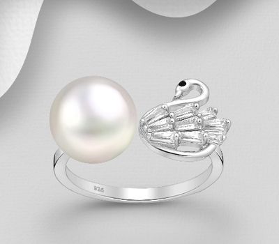 925 Sterling Silver Adjustable Swan Ring, Decorated with CZ Simulated Diamonds and Freshwater Pearl